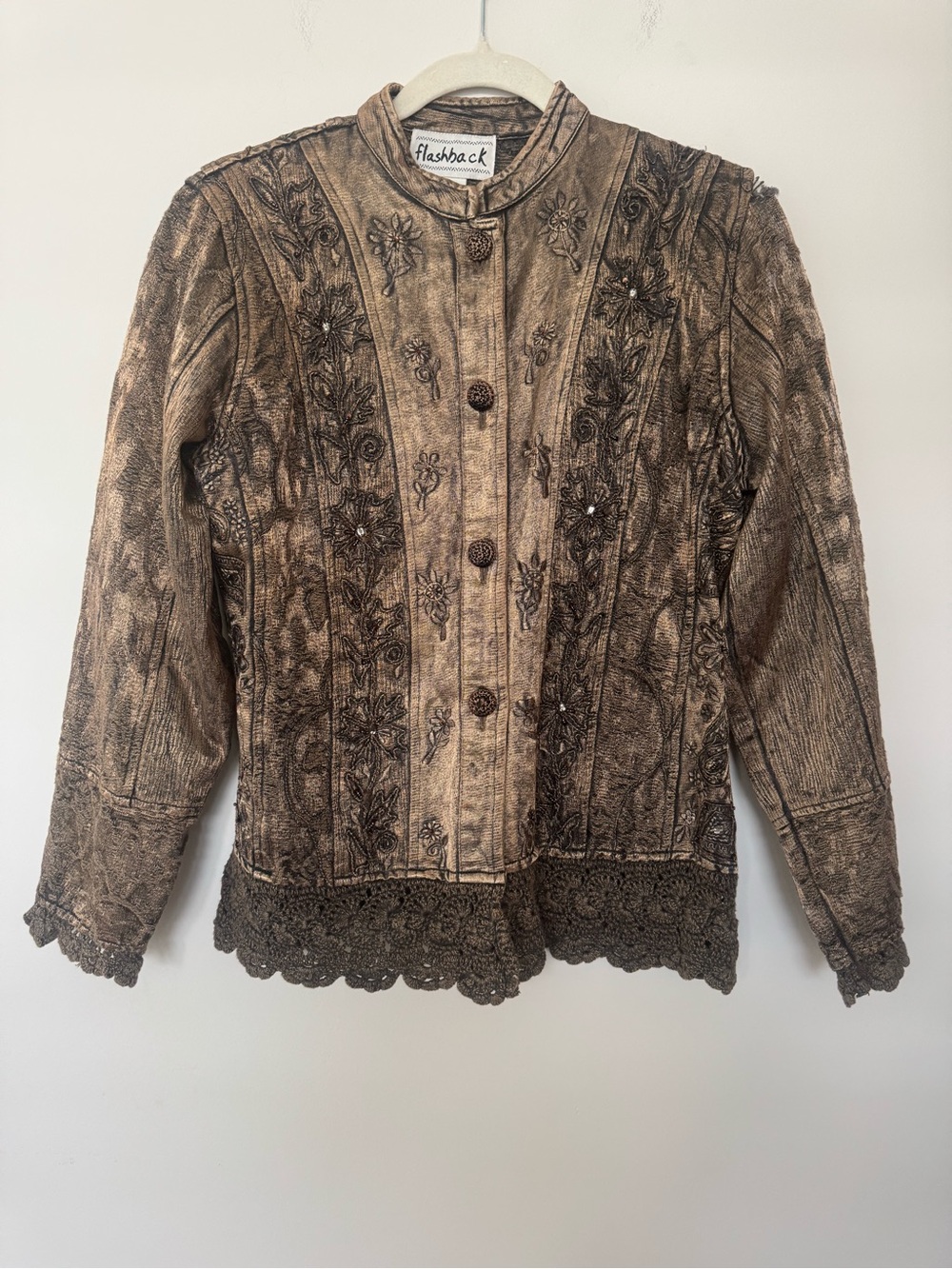 Flashback Vintage Metallic Bronze Embroidered Paisley Jacket Cotton Viscose S